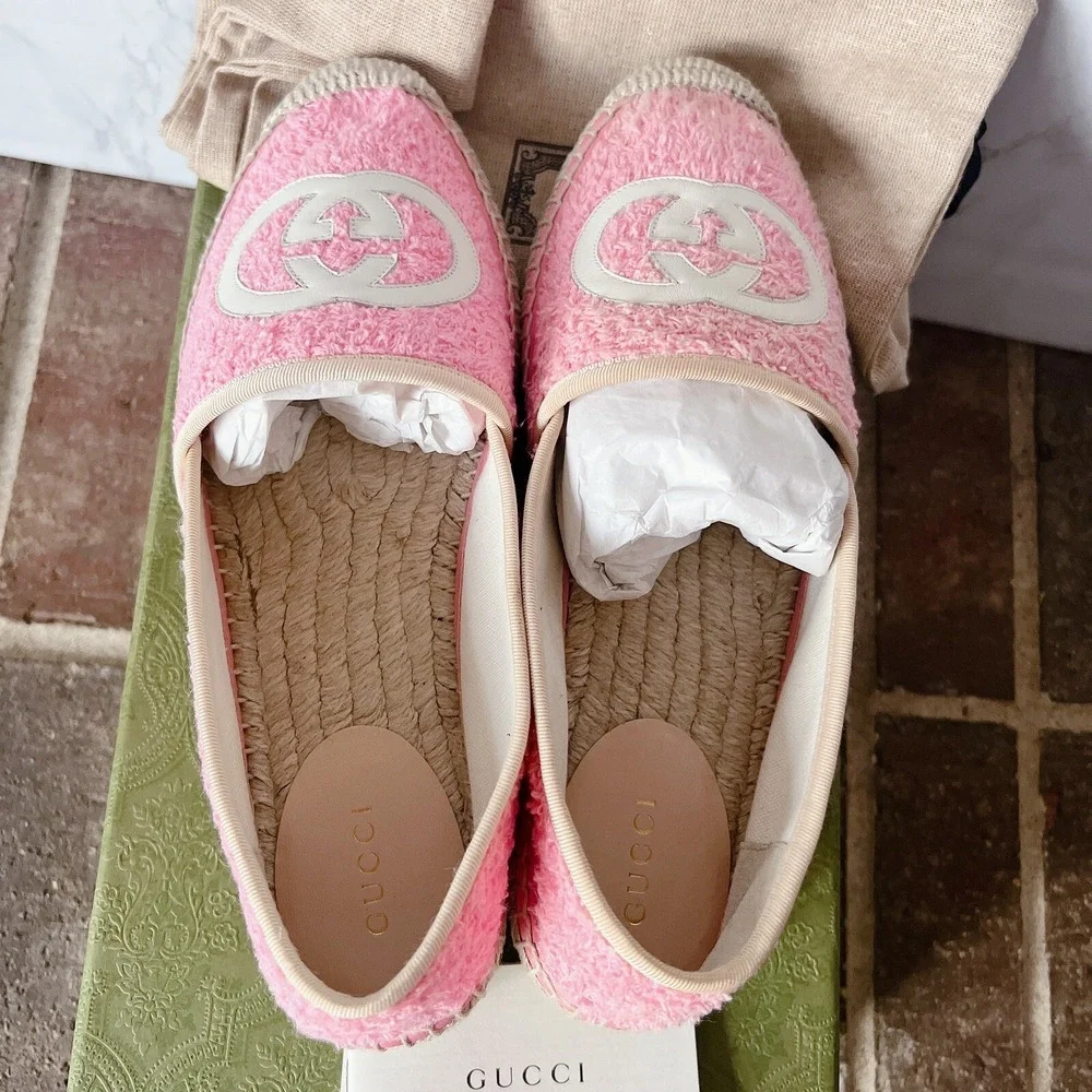Gucci GG Logo Monogram Interlocking G Terry Espadrille Flat Pink Womens EU 36